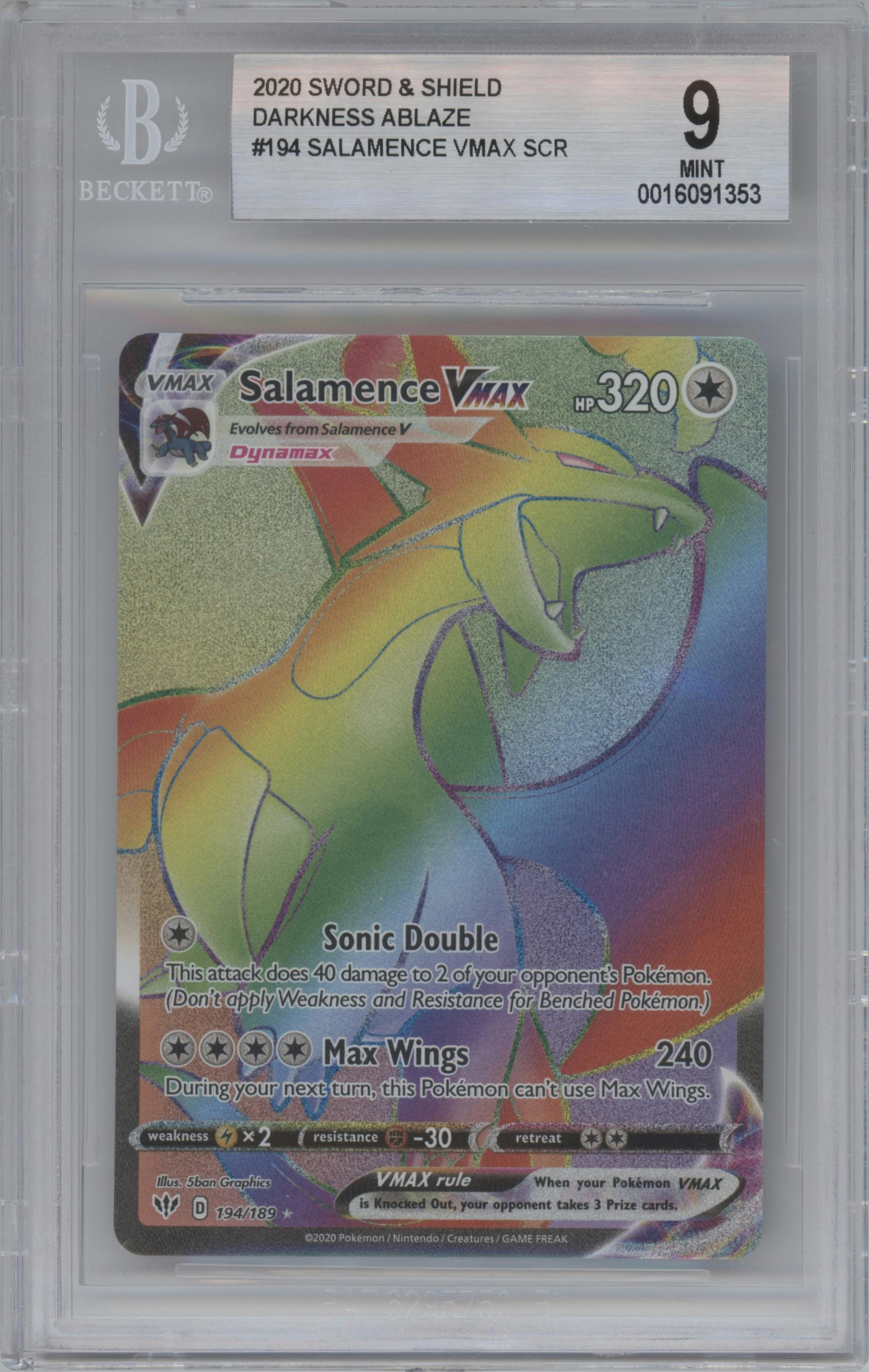 Salamence VMAX from the 2020 Pokemon SWSH set graded by Beckett and given an overall grade of 9.