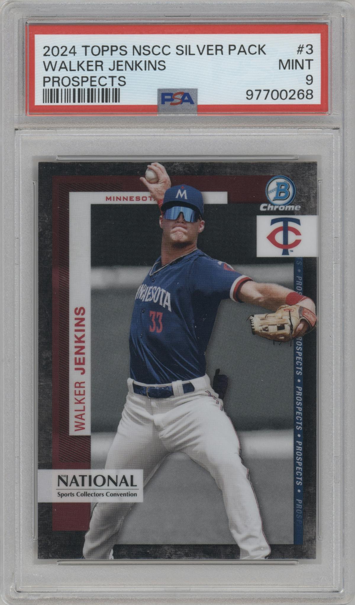 Walker Jenkins from the 2024 Topps NSCC Bowman Chrome set graded by PSA and given an overall grade of 9.