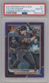 Colton Cowser from the 2024 Bowman Mega Box set featuring a Purple Refractor parallel graded by PSA and given an overall grade of 10.