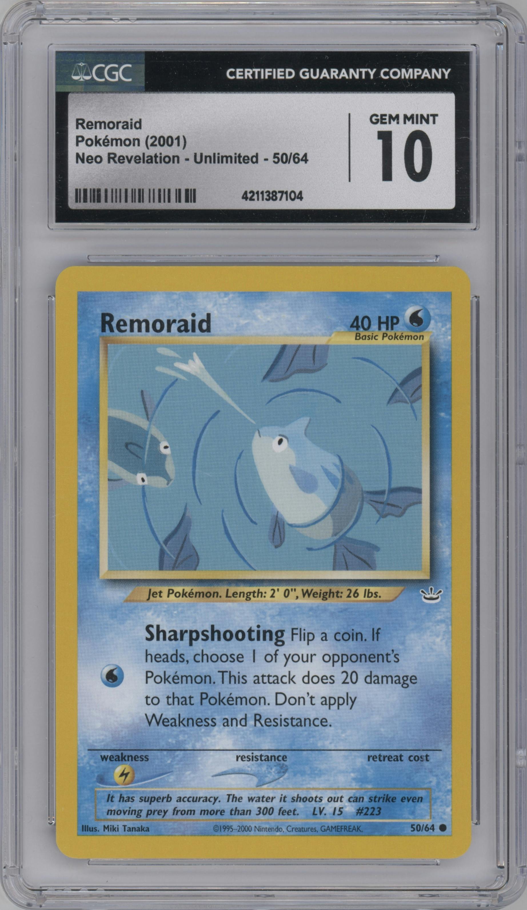 Remoraid from the 2001 Pokemon Neo Genesis set graded by CSG and given an overall grade of 10.