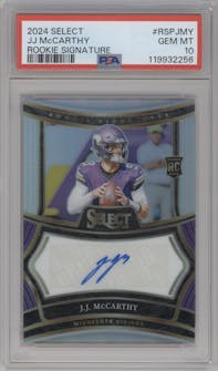 J.J. McCarthy from the 2024 Panini Select set graded by PSA and given an overall grade of 10.