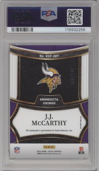 J.J. McCarthy from the 2024 Panini Select set graded by PSA and given an overall grade of 10.