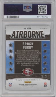 Brock Purdy from the 2023 Panini Rookies & Stars set graded by PSA and given an overall grade of 10.