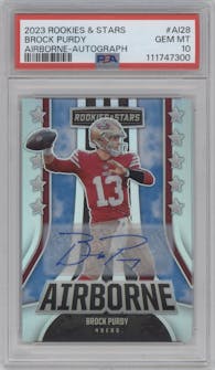 Brock Purdy from the 2023 Panini Rookies & Stars set graded by PSA and given an overall grade of 10.