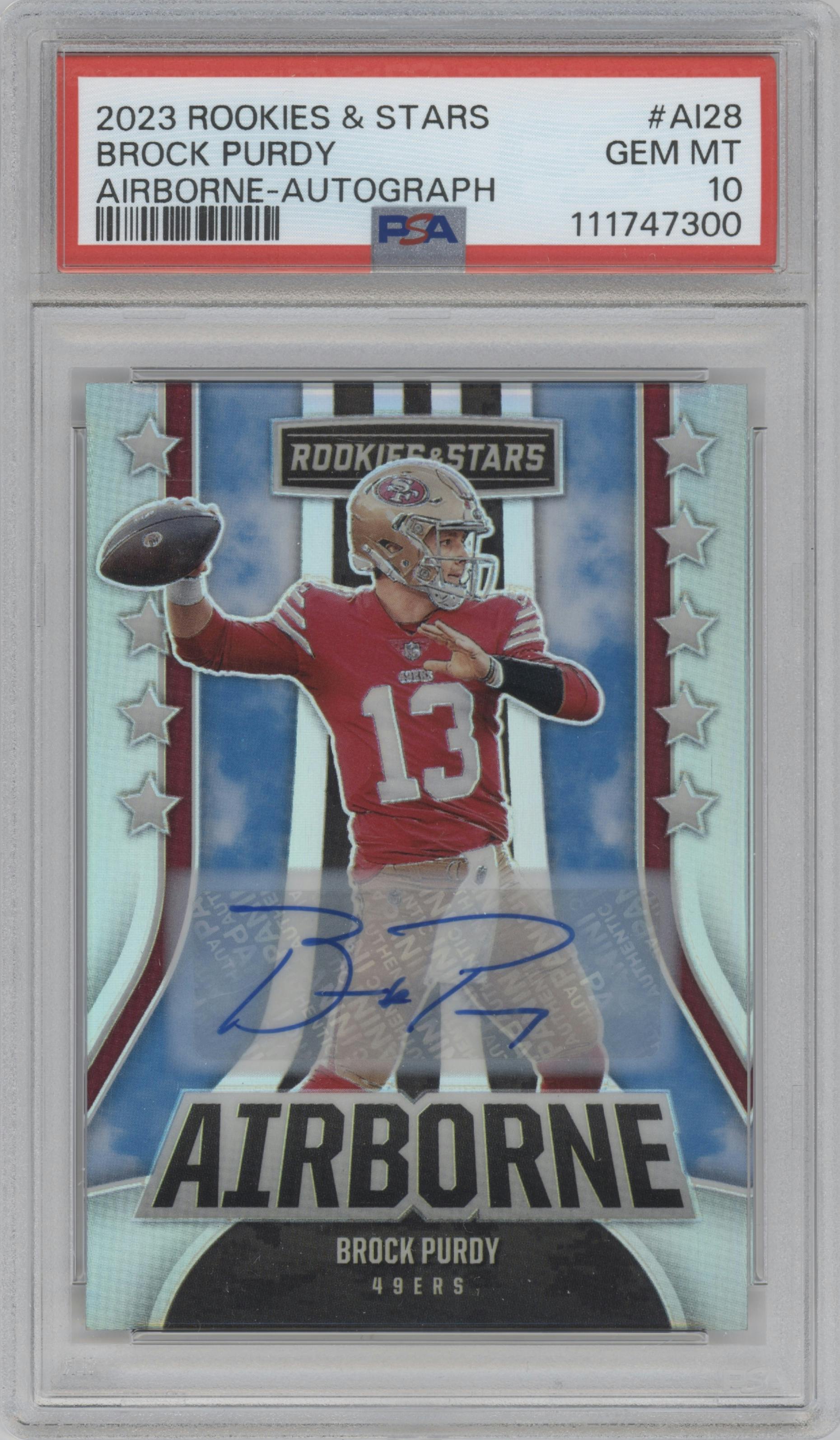 Brock Purdy from the 2023 Panini Rookies & Stars set graded by PSA and given an overall grade of 10.