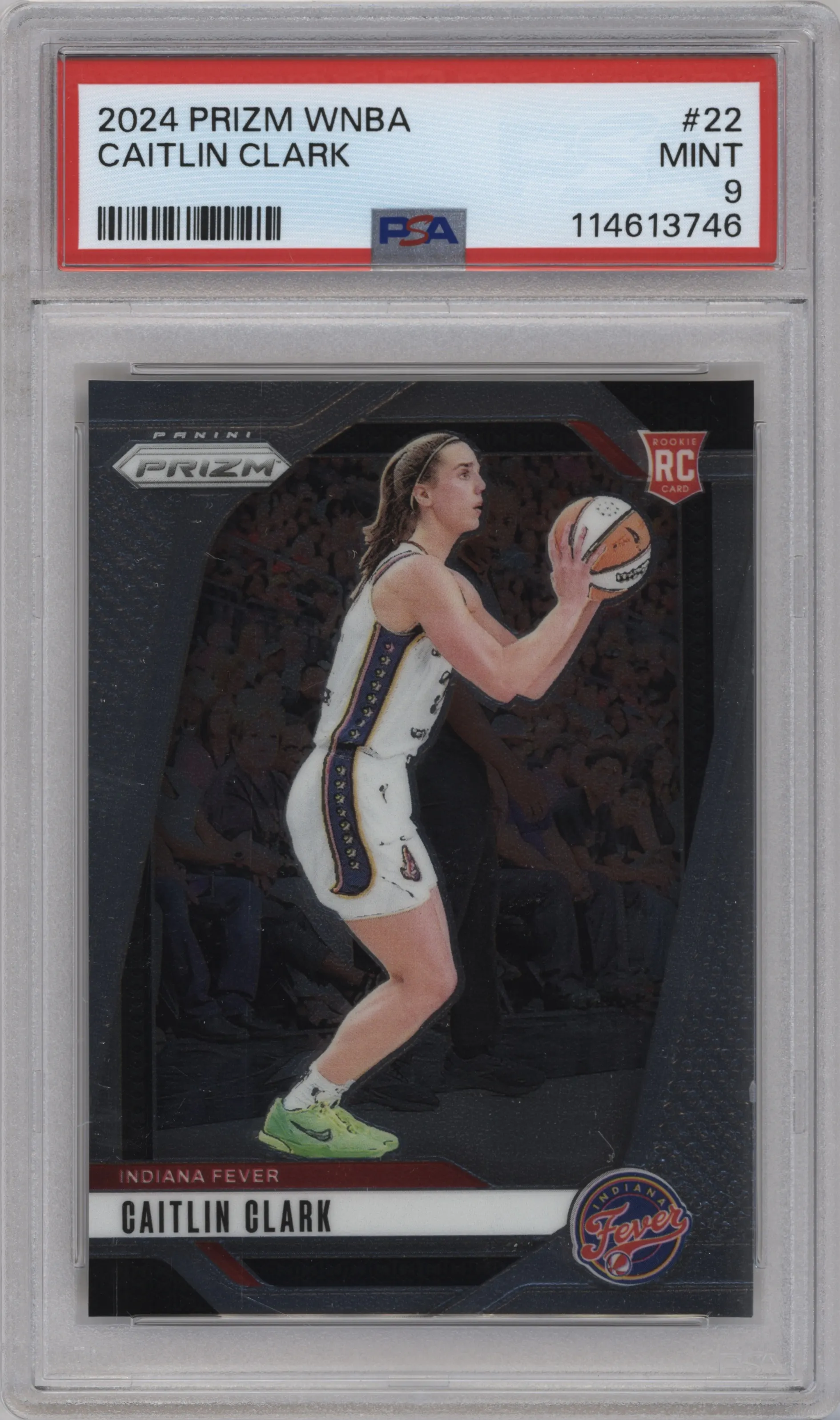 Caitlin Clark from the 2024 Panini Prizm WNBA set graded by PSA and given an overall grade of 9.