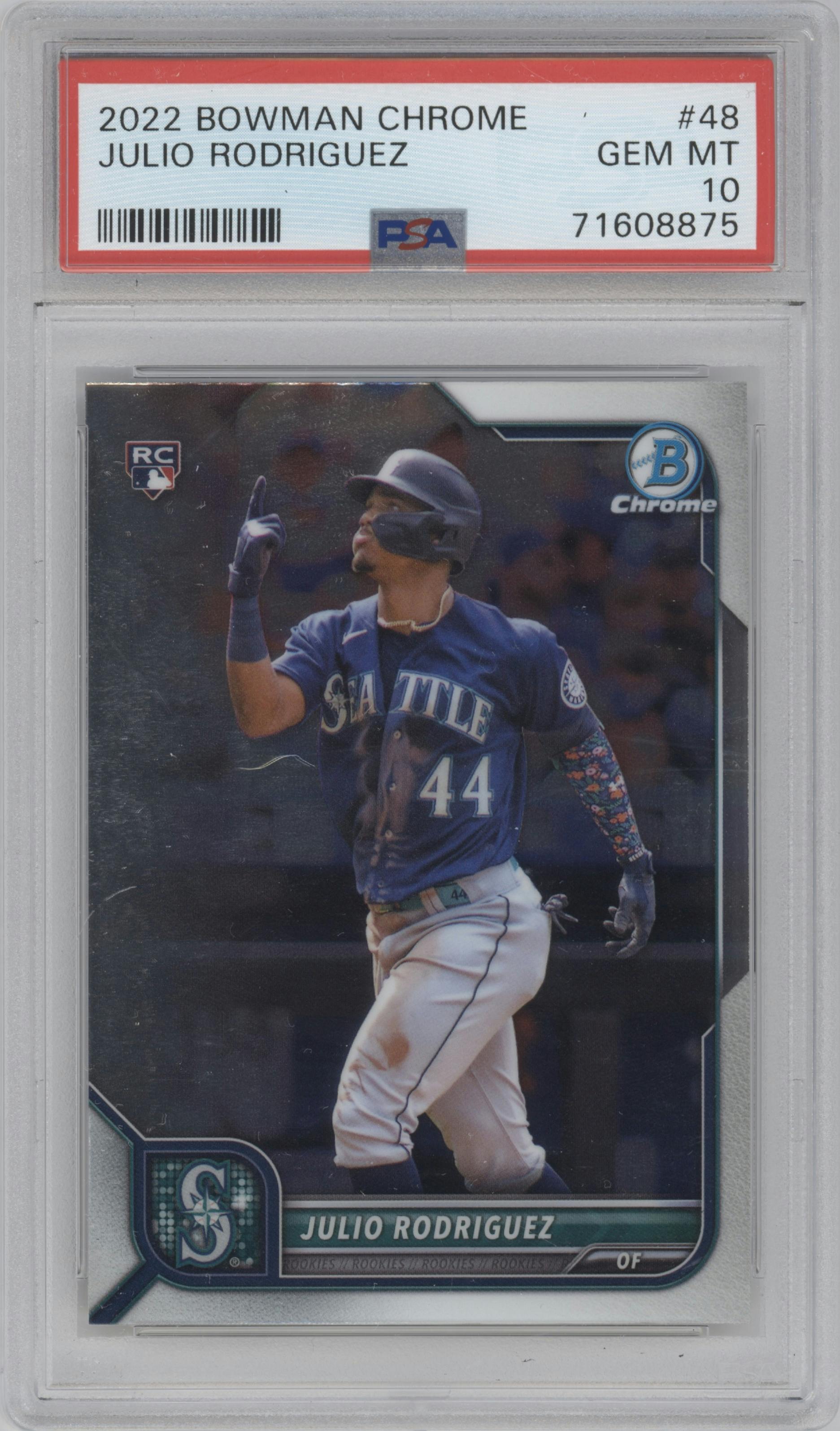 Julio Rodriguez from the 2022 Bowman Chrome set graded by PSA and given an overall grade of 10.