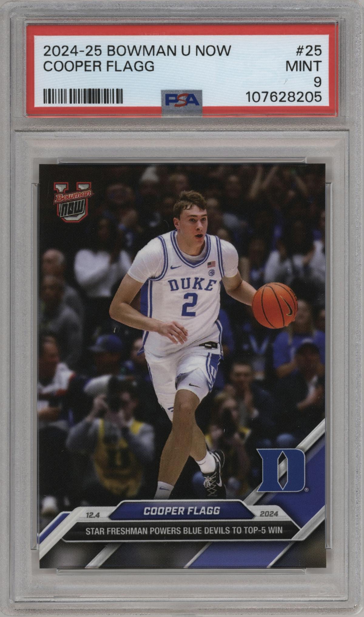 Cooper Flagg from the 2024-25 Bowman U Now set graded by PSA and given an overall grade of 9.