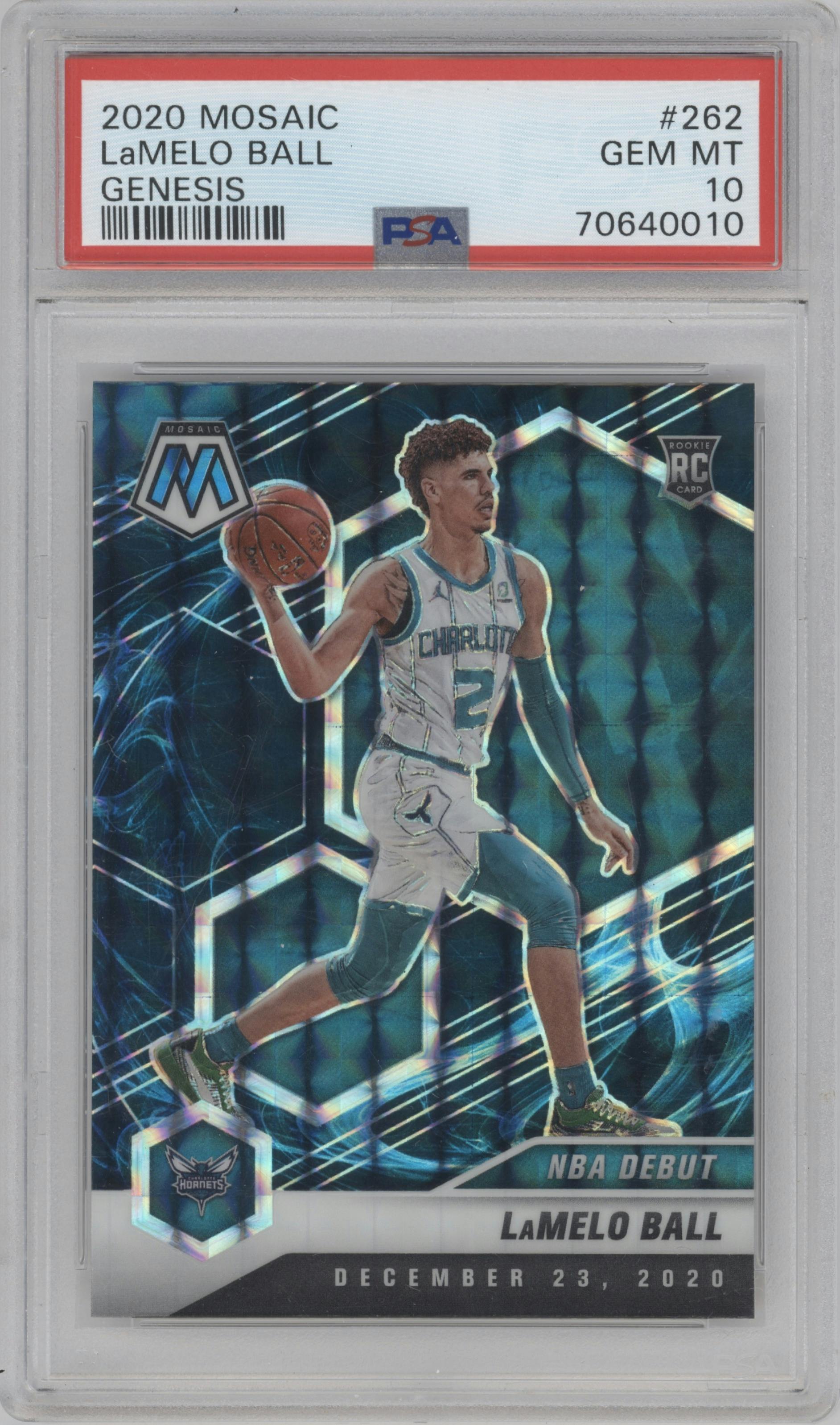 LaMelo Ball from the 2020-21 Panini Mosaic set featuring a Genesis  parallel graded by PSA and given an overall grade of 10.