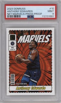 Anthony Edwards from the 2023-24 Panini Donruss set featuring a Press Proof  parallel graded by PSA and given an overall grade of 9.