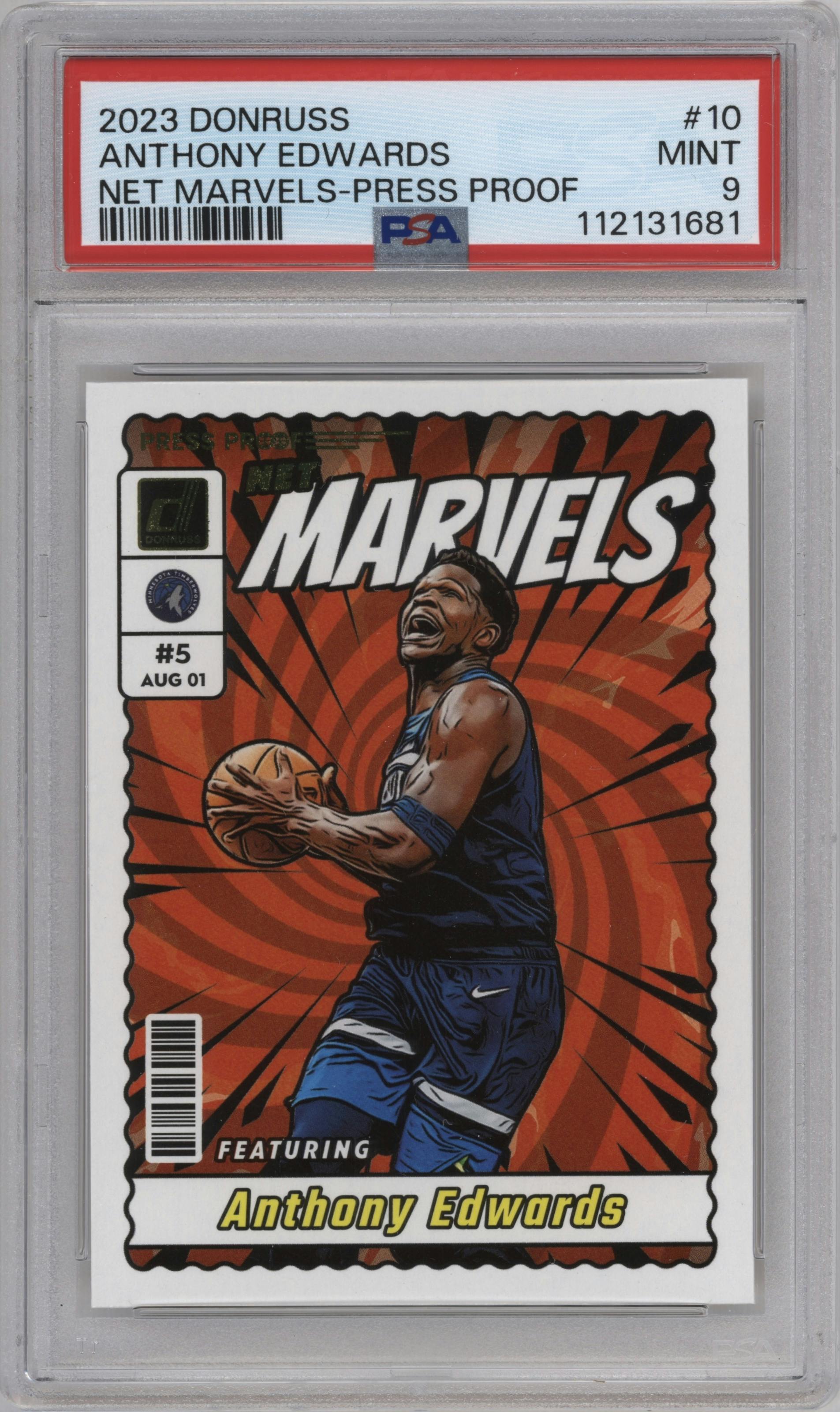 Anthony Edwards from the 2023-24 Panini Donruss set featuring a Press Proof  parallel graded by PSA and given an overall grade of 9.