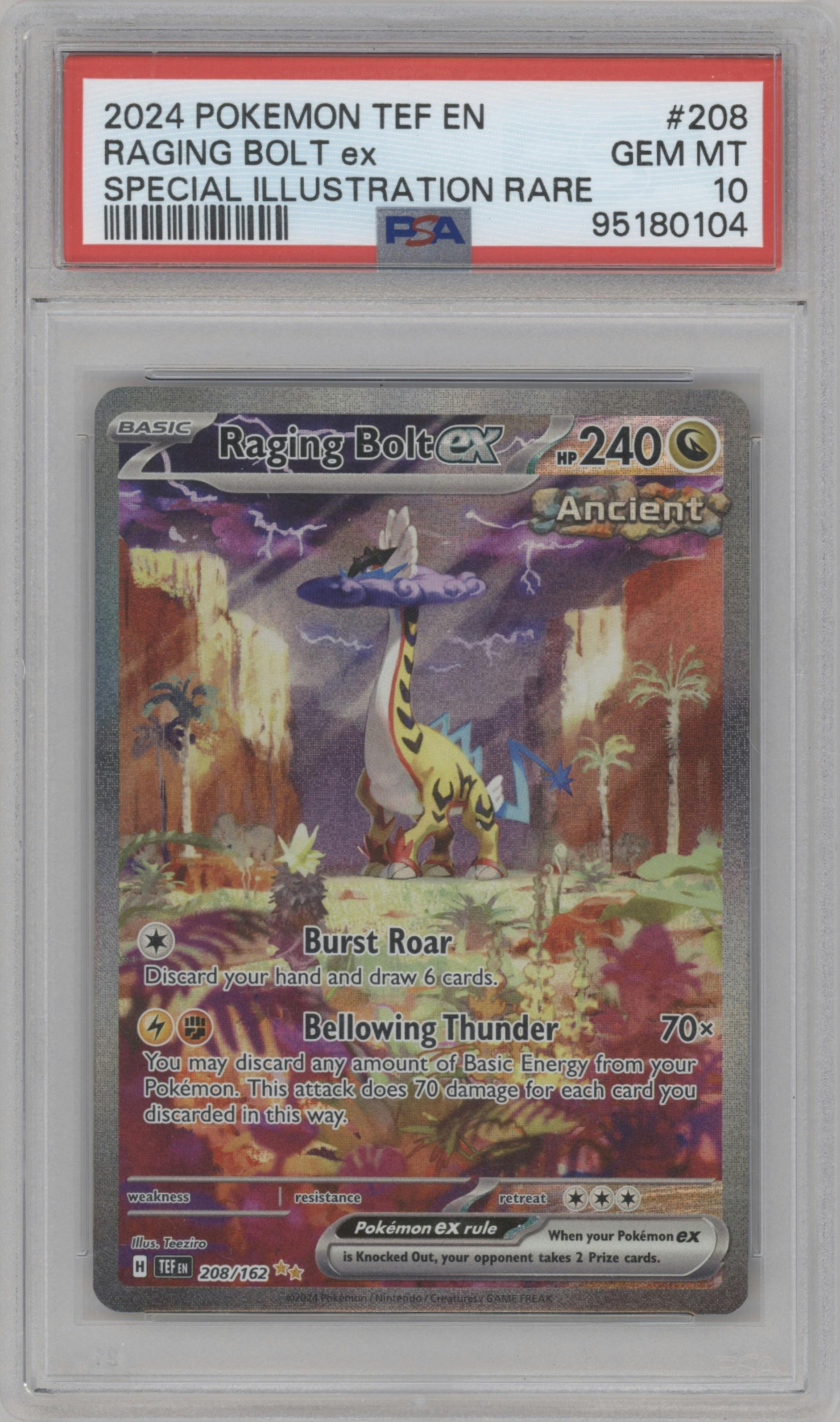 Raging Bolt ex from the 2024 Pokemon SV set graded by PSA and given an overall grade of 10.