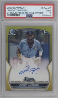 Junior Caminero from the 2023 Bowman  set featuring a Yellow Refractor parallel graded by PSA and given an overall grade of 9.