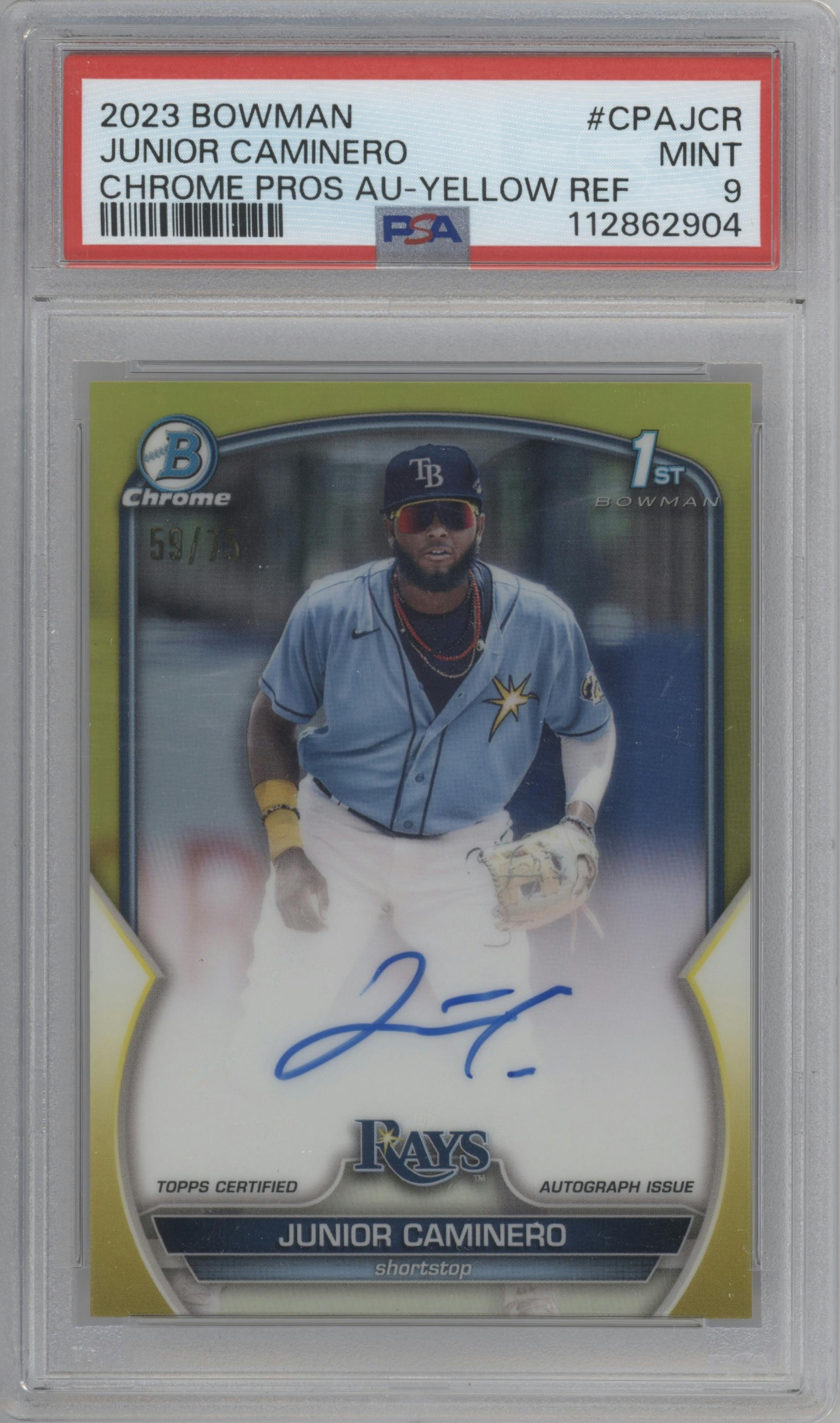 Junior Caminero from the 2023 Bowman  set featuring a Yellow Refractor parallel graded by PSA and given an overall grade of 9.