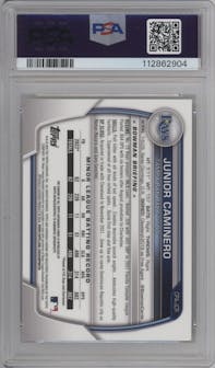 Junior Caminero from the 2023 Bowman  set featuring a Yellow Refractor parallel graded by PSA and given an overall grade of 9.