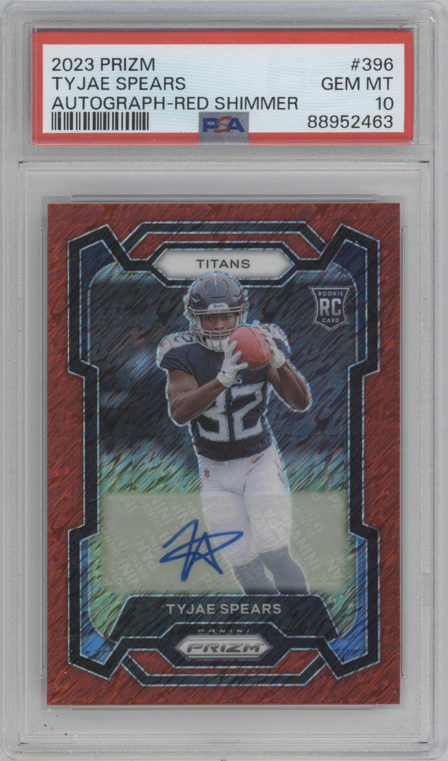 Tyjae Spears from the 2023 Panini Prizm set featuring a Red Shimmer parallel graded by PSA and given an overall grade of 10.
