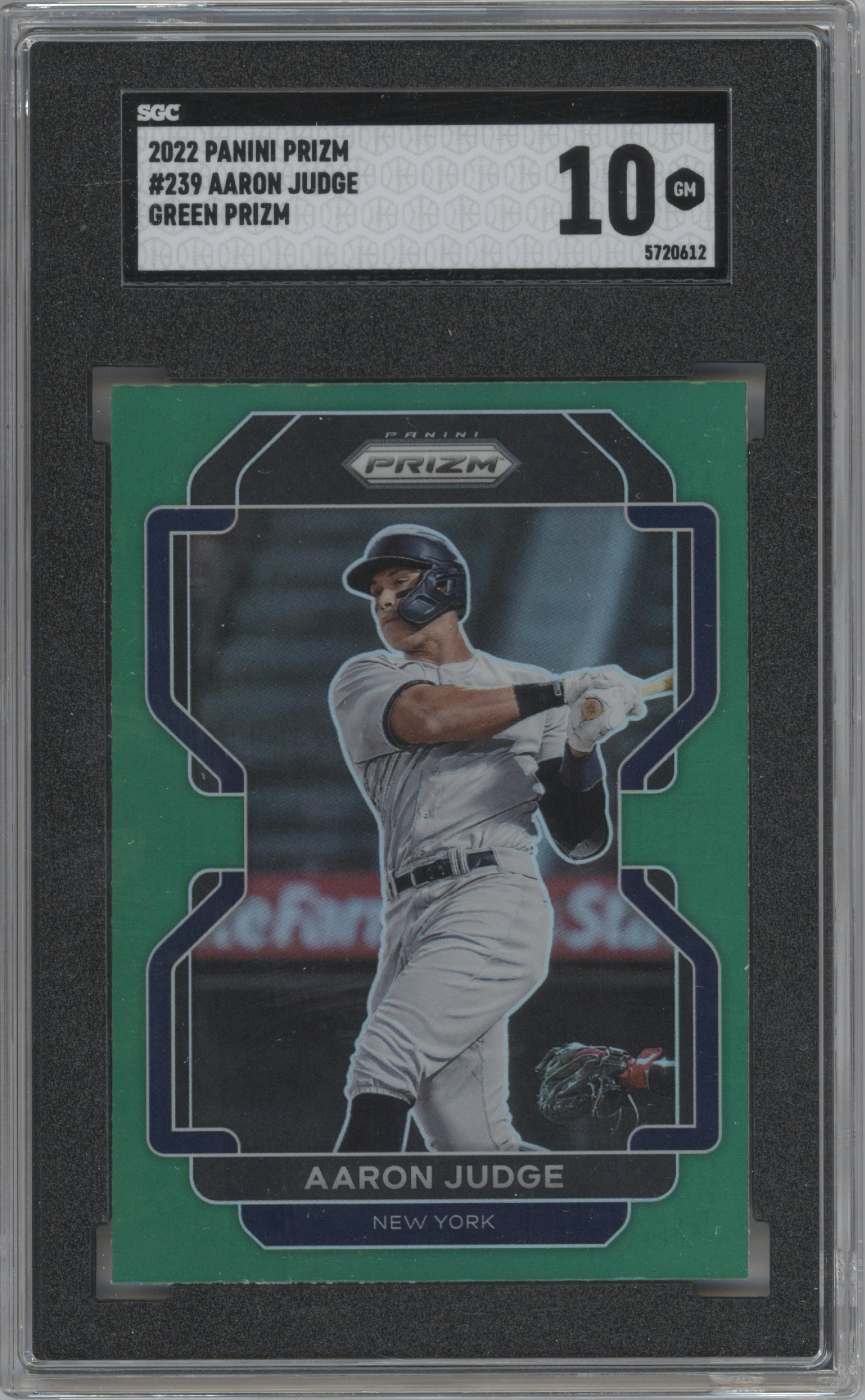 Aaron Judge from the 2022 Panini Prizm set featuring a Green Prizm parallel graded by SGC and given an overall grade of 10.