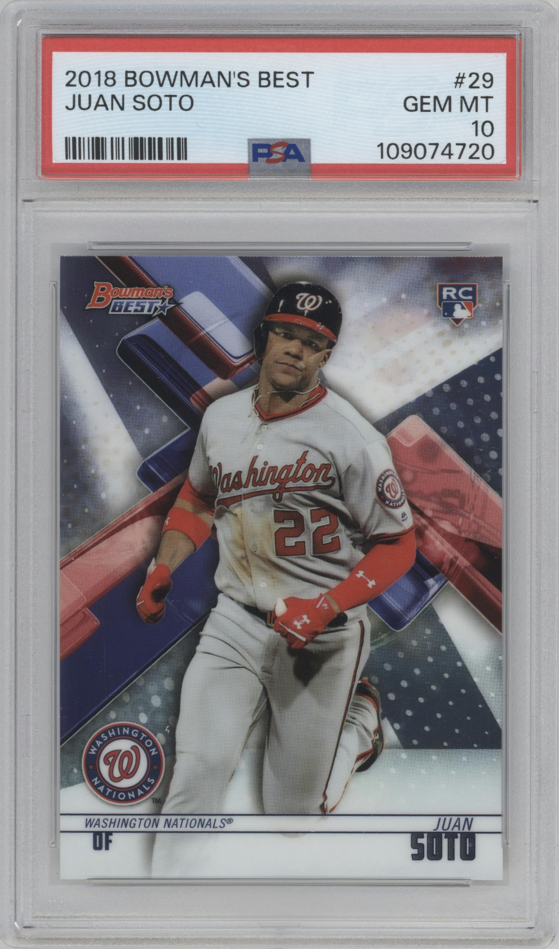 Juan Soto from the 2018 Bowman’s Best set graded by PSA and given an overall grade of 10.