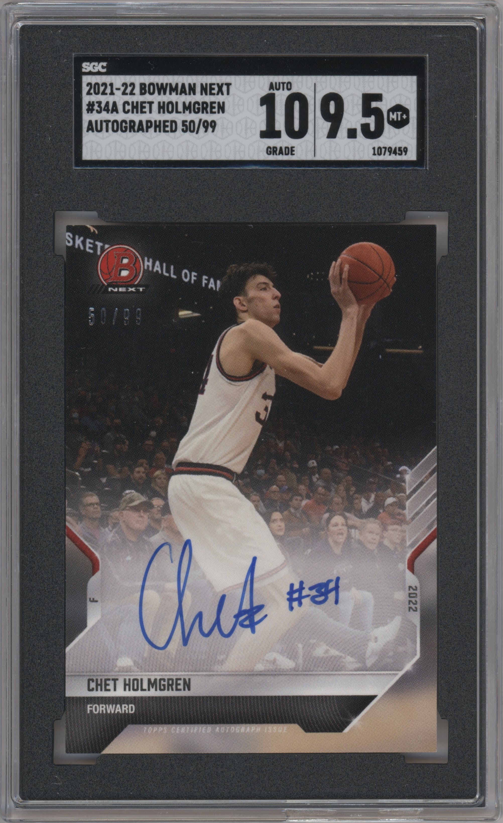 Chet Holmgren from the 2021-22 Bowman Next set graded by SGC and given an overall grade of 9.5.