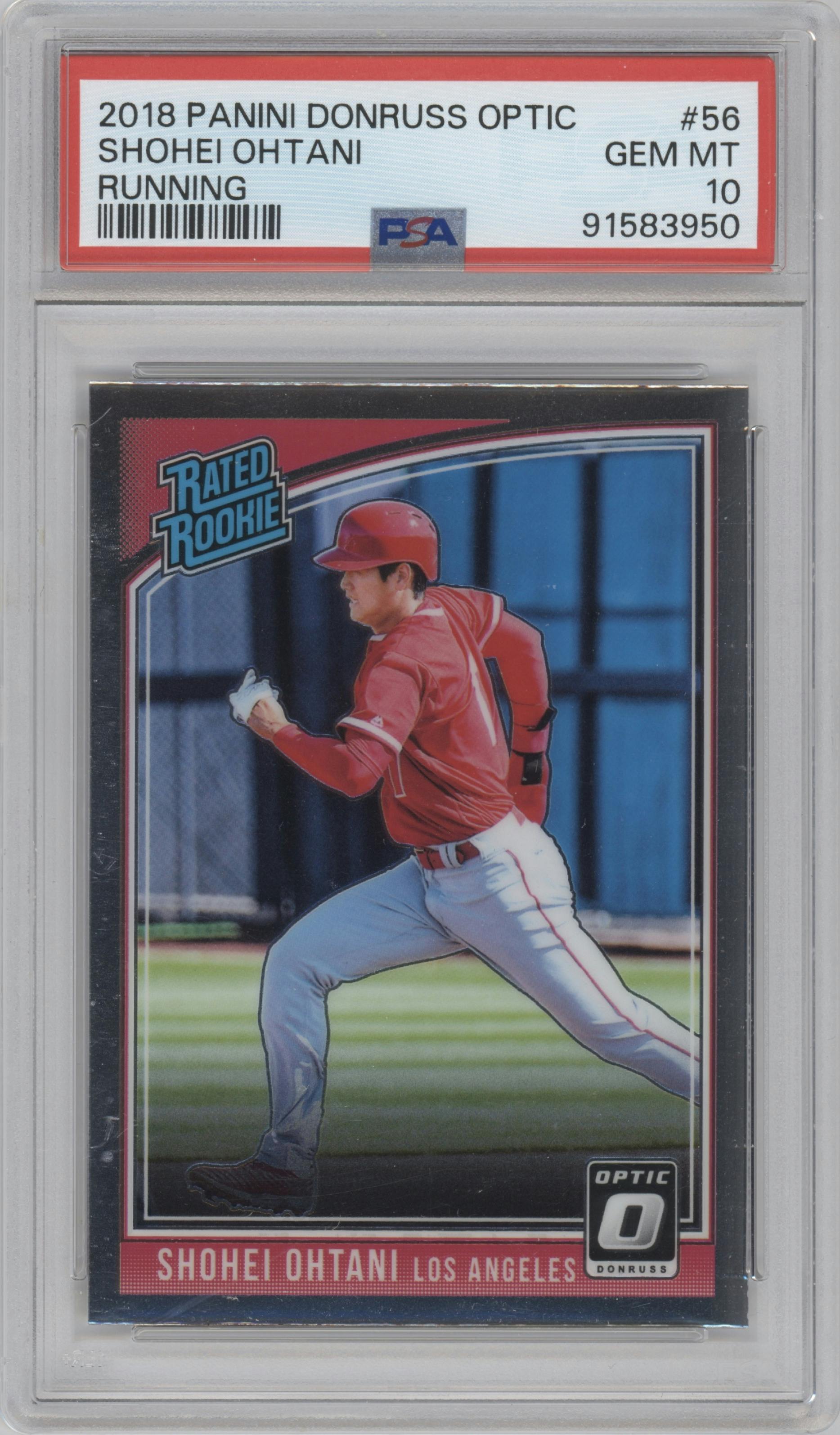 Shohei Ohtani from the 2018 Panini Donruss Optic set graded by PSA and given an overall grade of 10.