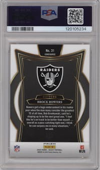 Brock Bowers from the 2024 Panini Select set featuring a Neon Orange Pulsar Prizm parallel graded by PSA and given an overall grade of 10.