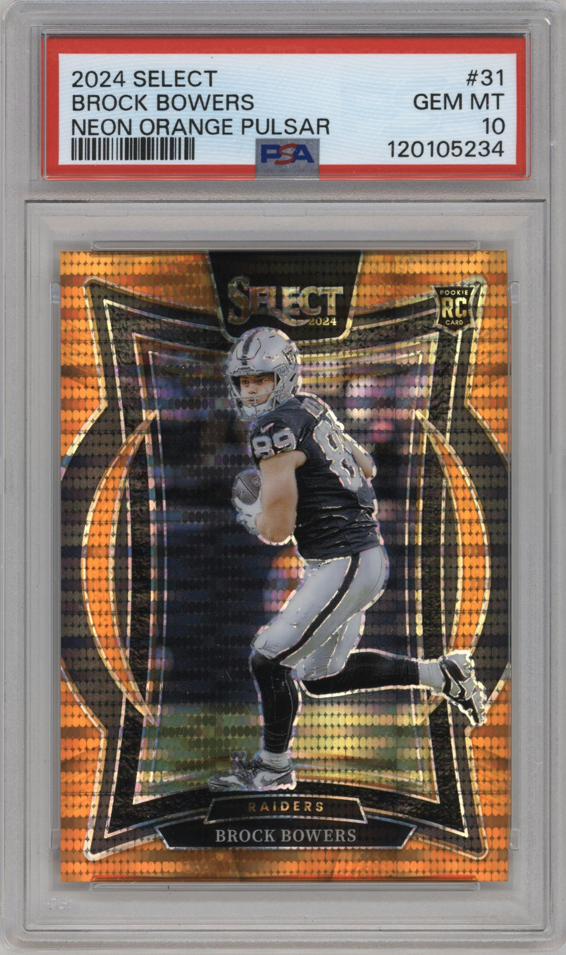 Brock Bowers from the 2024 Panini Select set featuring a Neon Orange Pulsar Prizm parallel graded by PSA and given an overall grade of 10.