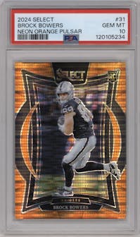 Brock Bowers from the 2024 Panini Select set featuring a Neon Orange Pulsar Prizm parallel graded by PSA and given an overall grade of 10.