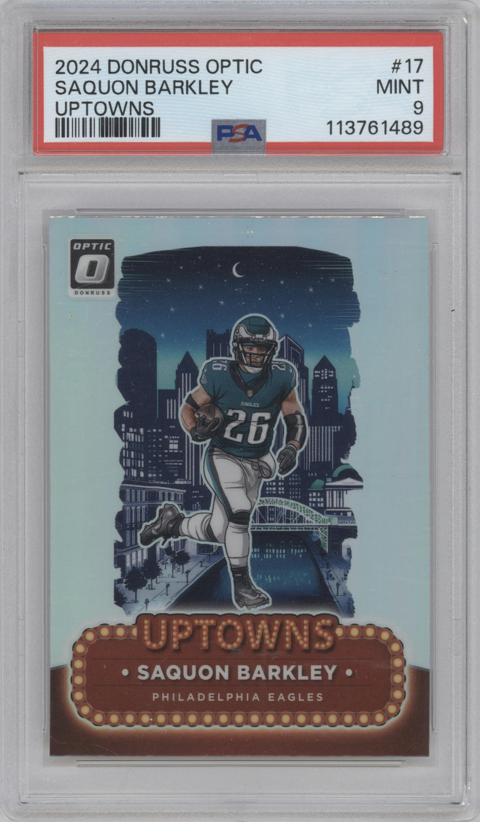 Saquon Barkley from the 2024 Donruss Optic set graded by PSA and given an overall grade of 9.