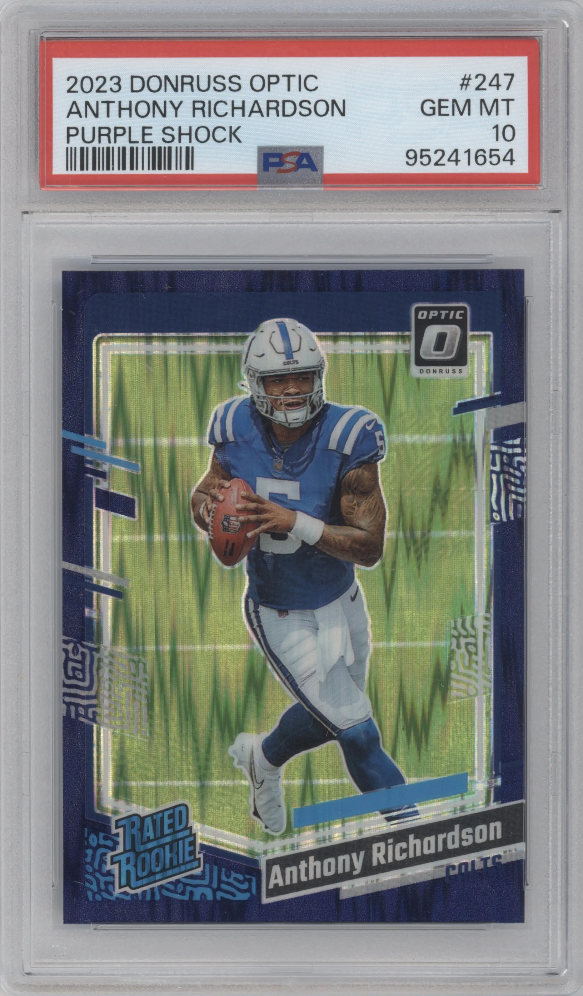 Anthony Richardson from the 2023 Donruss Optic set featuring a  Purple Shock parallel graded by PSA and given an overall grade of 10.