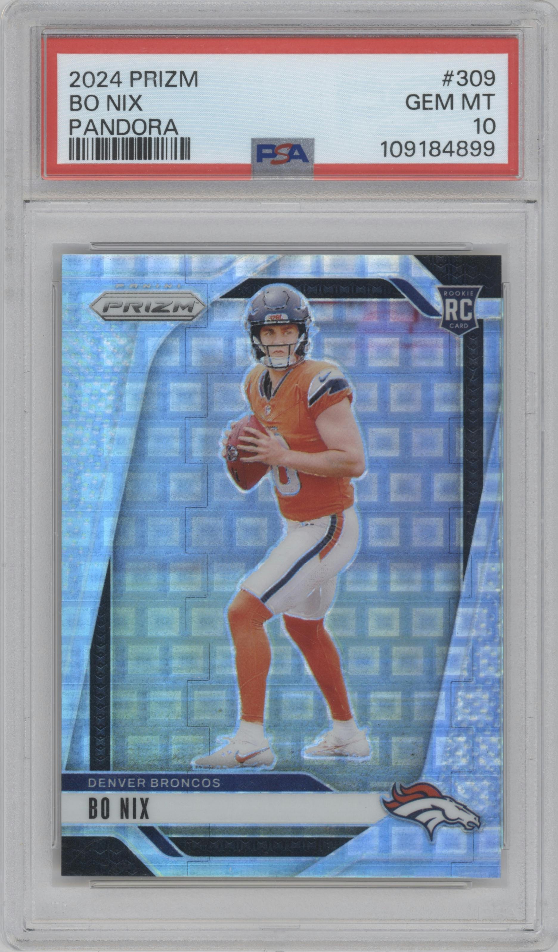 Bo Nix from the 2024 Panini Prizm set featuring a Pandora parallel graded by PSA and given an overall grade of 10.