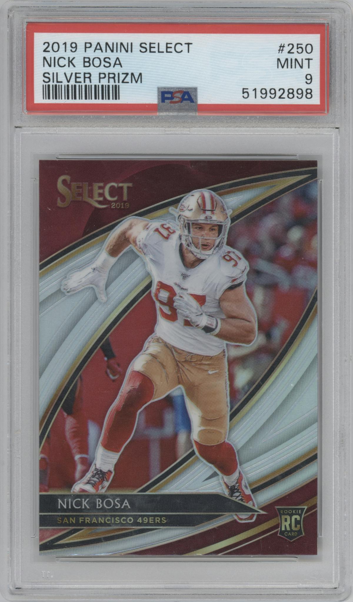 Nick Bosa from the 2019 Panini Select  set featuring a Silver Prizm  parallel graded by PSA and given an overall grade of 9.
