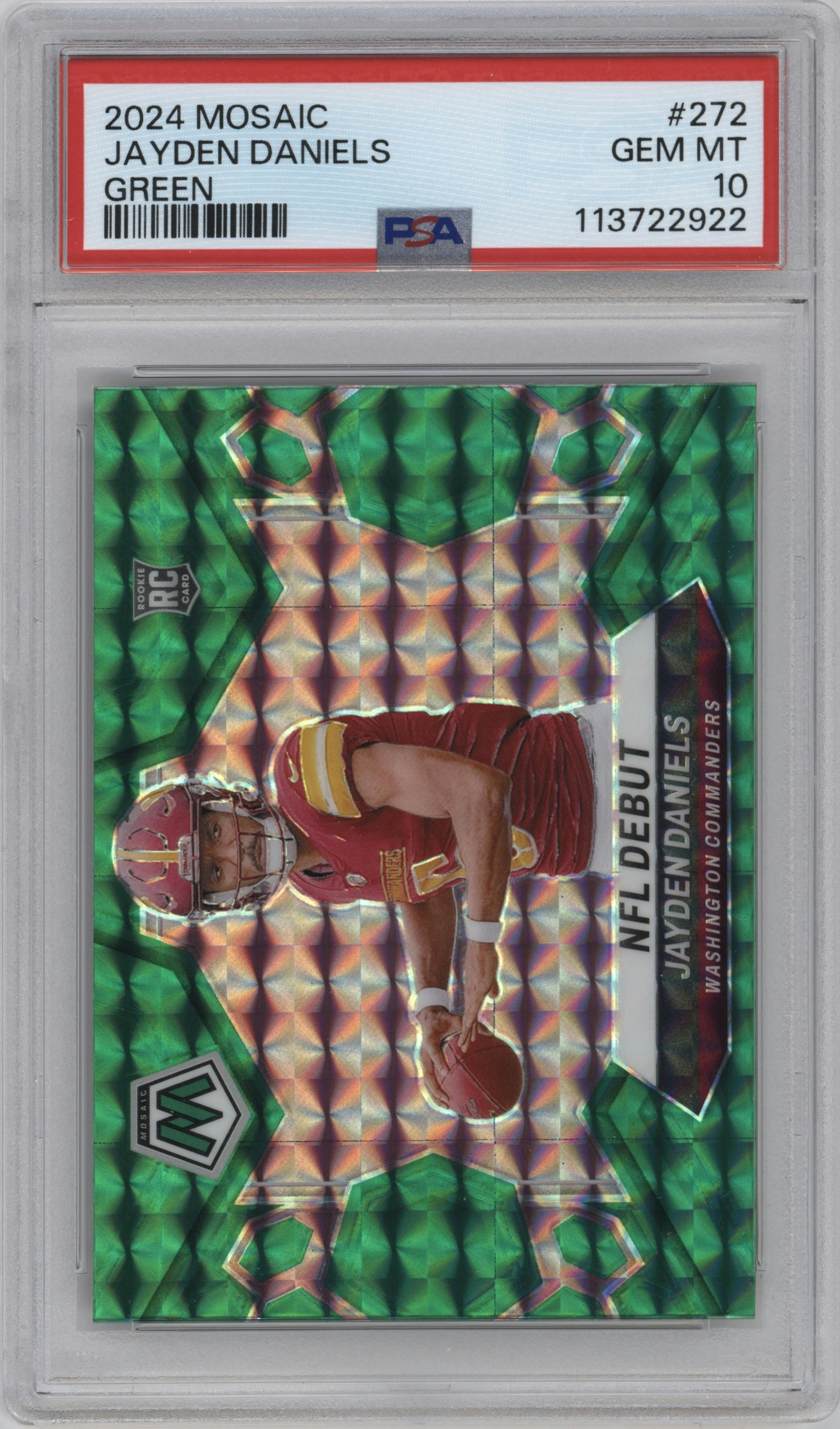 Jayden Daniels from the 2024 Panini Mosaic set featuring a Green Mosaic parallel graded by PSA and given an overall grade of 10.