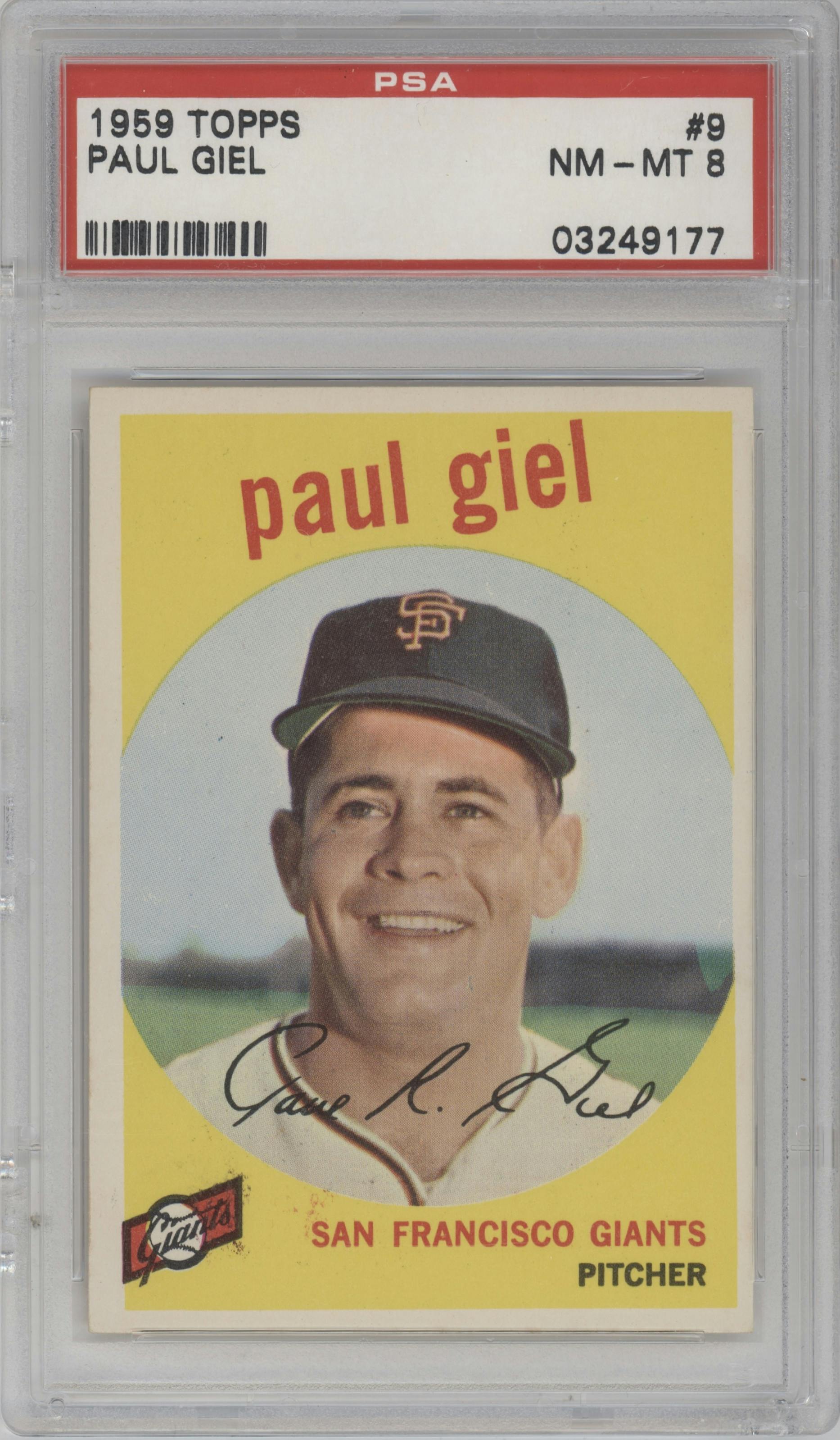 Paul Giel from the 1959 Topps set graded by PSA and given an overall grade of 8.