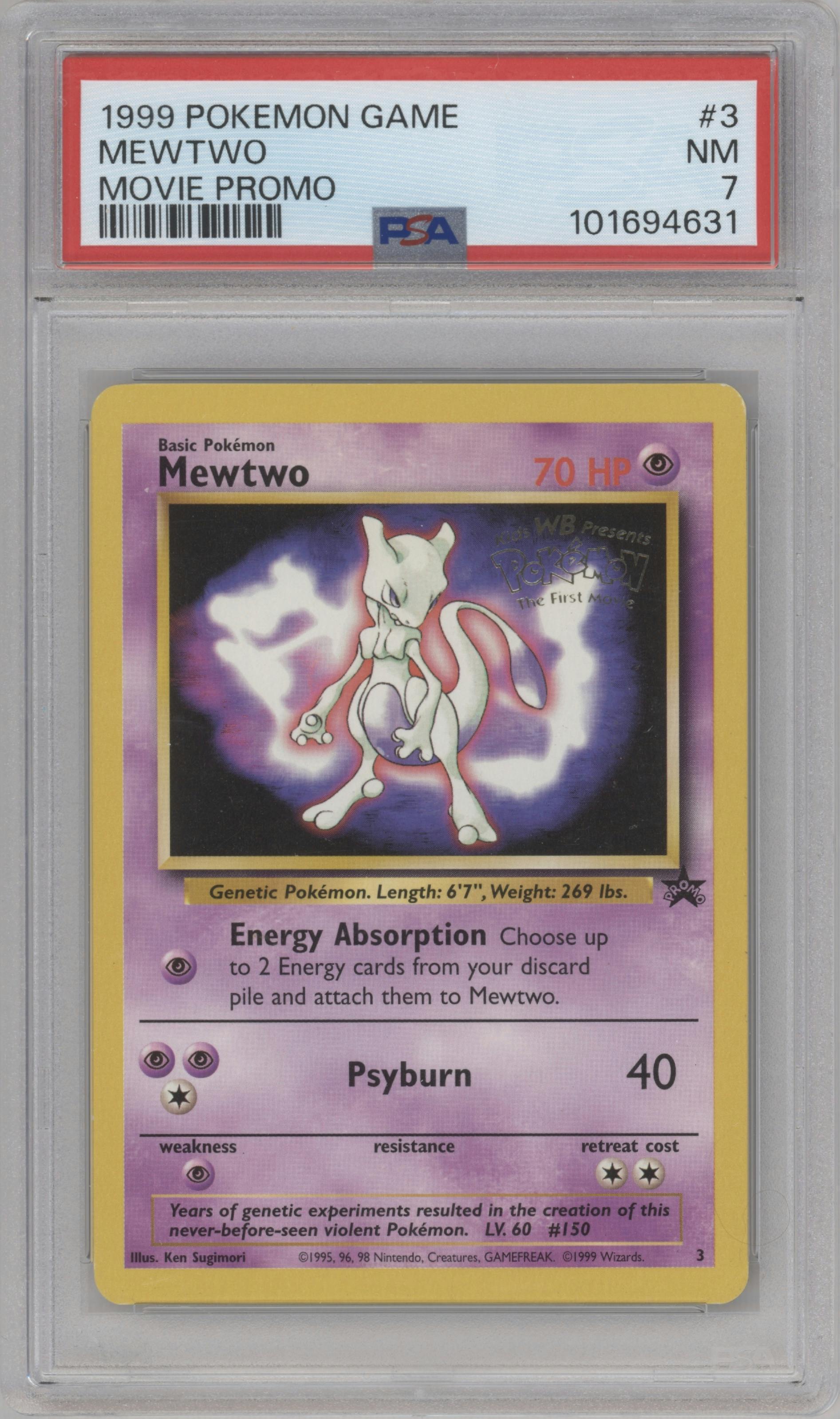 Mewtwo from the 1999 Pokemon set featuring a Movie Promo parallel graded by PSA and given an overall grade of 7.