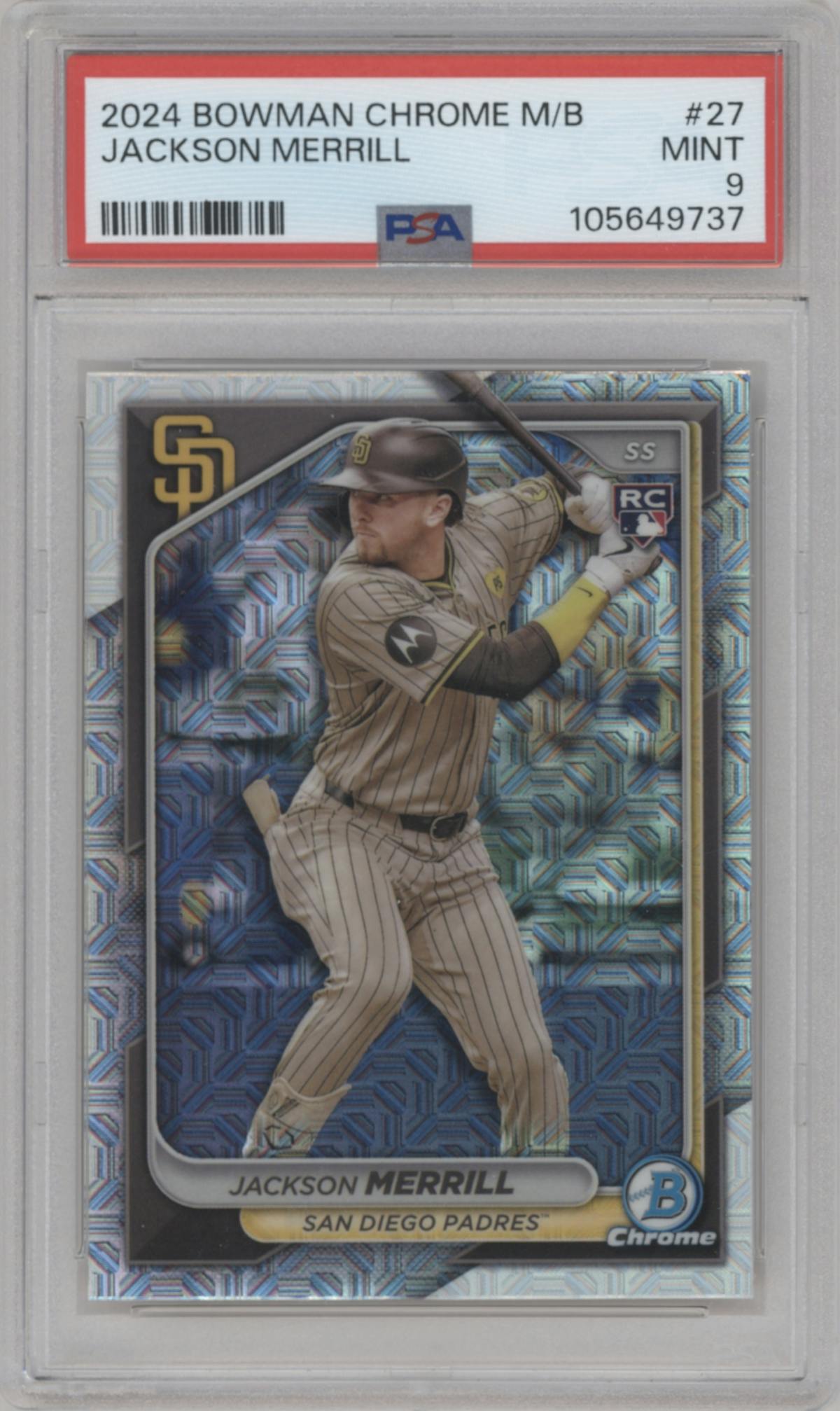 Jackson Merrill from the 2024 Bowman Chrome Mega Box set graded by PSA and given an overall grade of 9.
