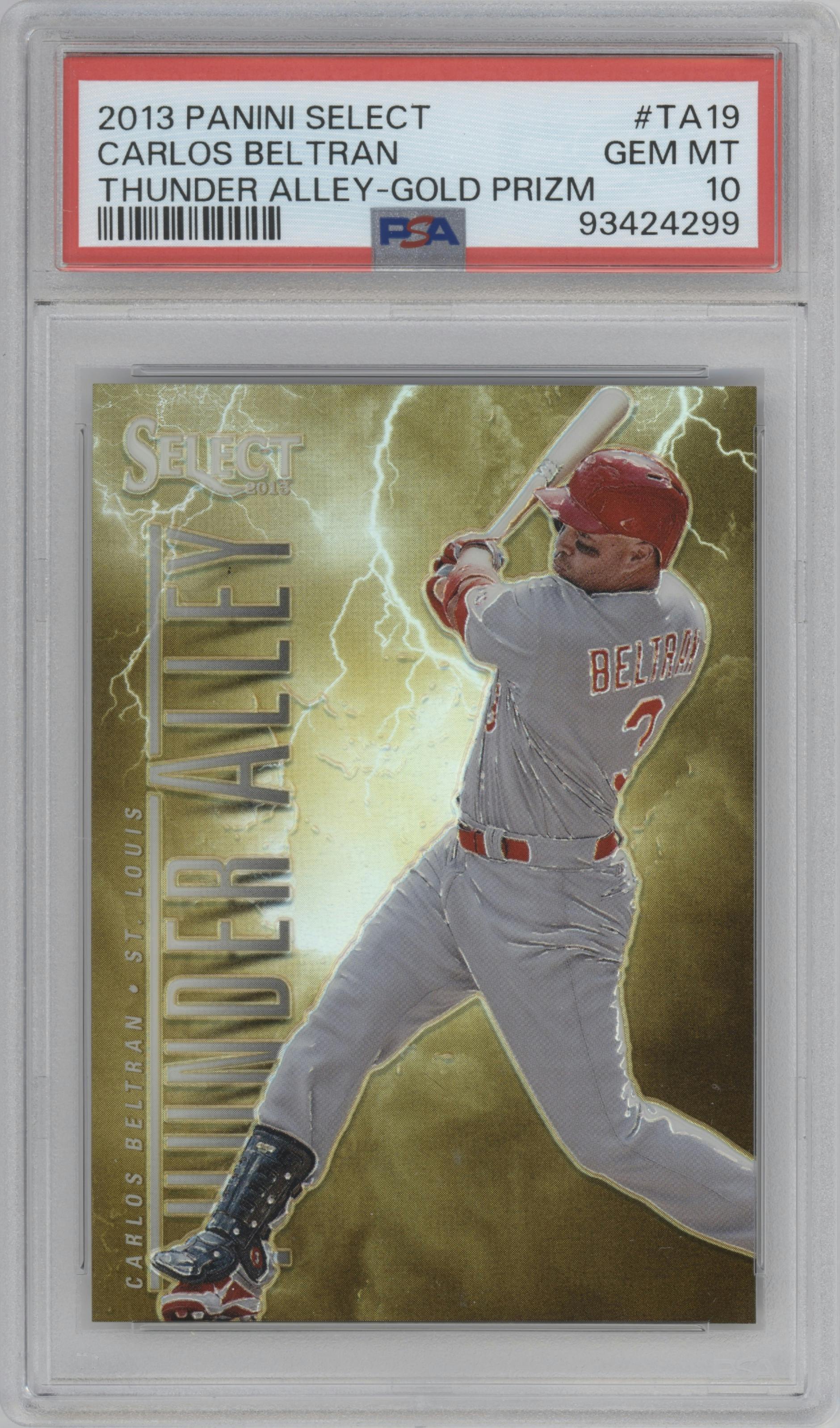 Carlos Beltran from the 2013 Panini Select set featuring a Gold Prizm parallel graded by PSA and given an overall grade of 10.