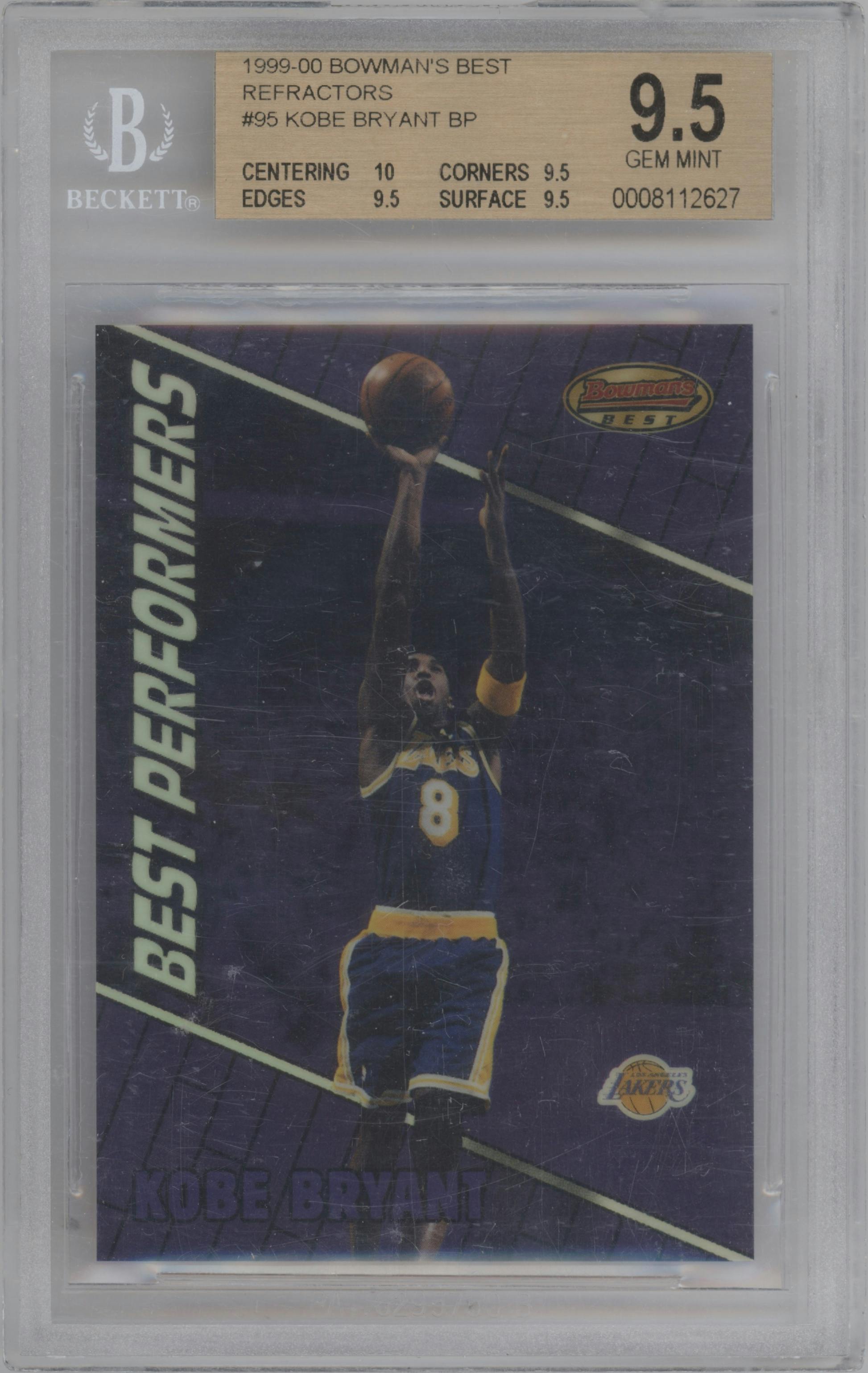 Kobe Bryant from the 1999-00 Bowman's Best set featuring a Refractor parallel graded by Beckett and given an overall grade of 9.5.
