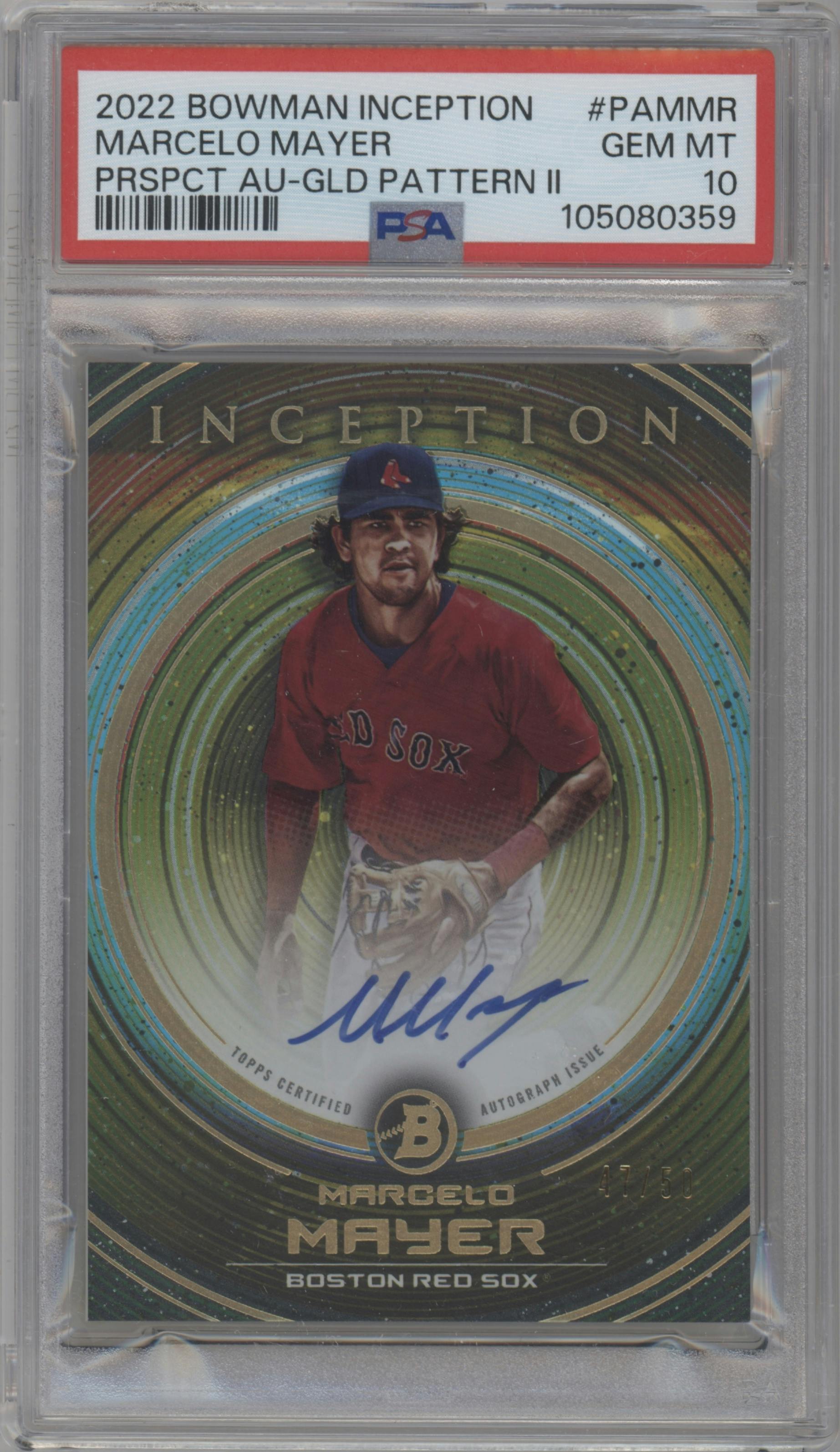 Marcelo Mayer from the 2022 Bowman Inception set featuring a Gold Pattern II parallel graded by PSA and given an overall grade of 10.