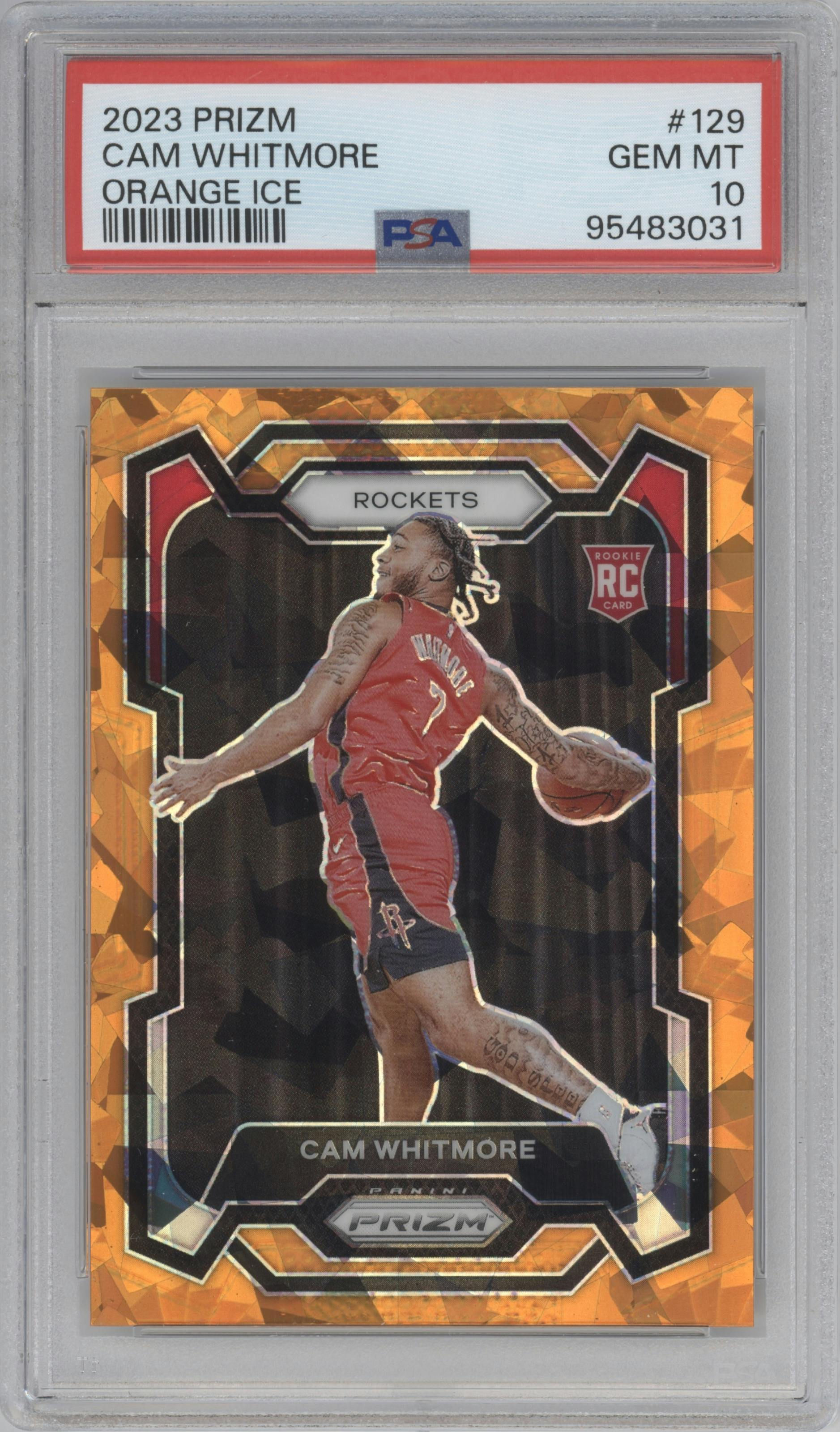 Cam Whitmore from the 2023-24 Panini Prizm set featuring a Orange Ice parallel graded by PSA and given an overall grade of 10.