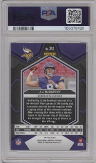 J.J. McCarthy from the 2024 Panini Mosaic set featuring a Pink Camo parallel graded by PSA and given an overall grade of 9.
