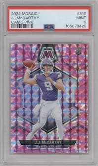 J.J. McCarthy from the 2024 Panini Mosaic set featuring a Pink Camo parallel graded by PSA and given an overall grade of 9.