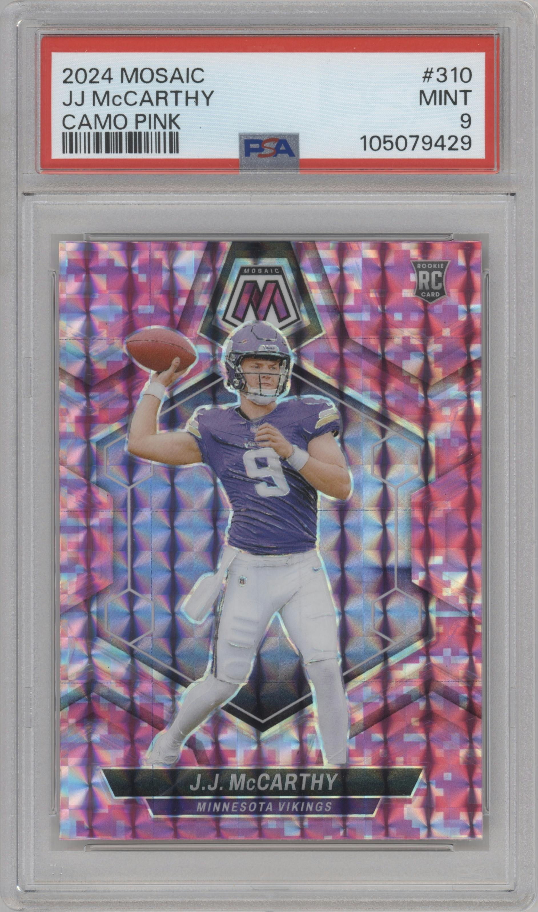 J.J. McCarthy from the 2024 Panini Mosaic set featuring a Pink Camo parallel graded by PSA and given an overall grade of 9.