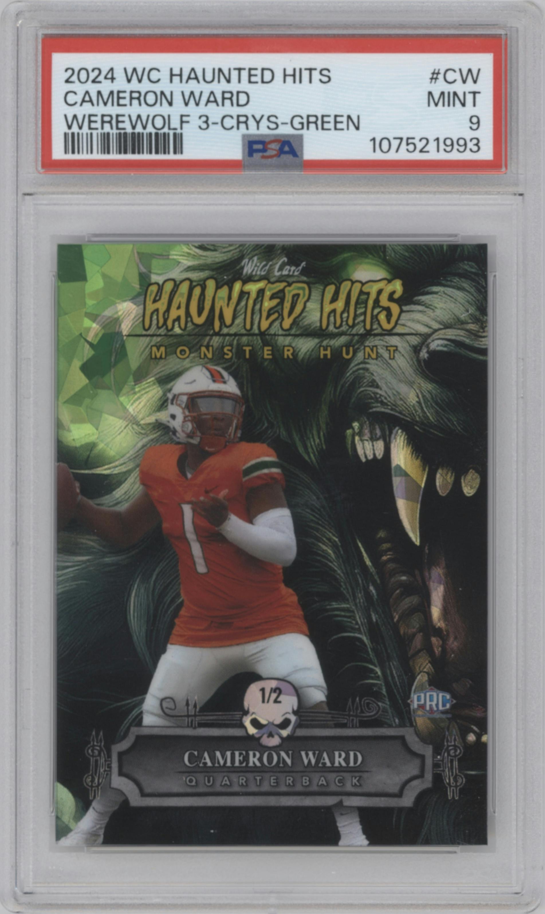 Cameron Ward from the 2024 Wild Card Haunted Hits Monster Hunt set featuring a Crystal Green Holo parallel graded by PSA and given an overall grade of 9.