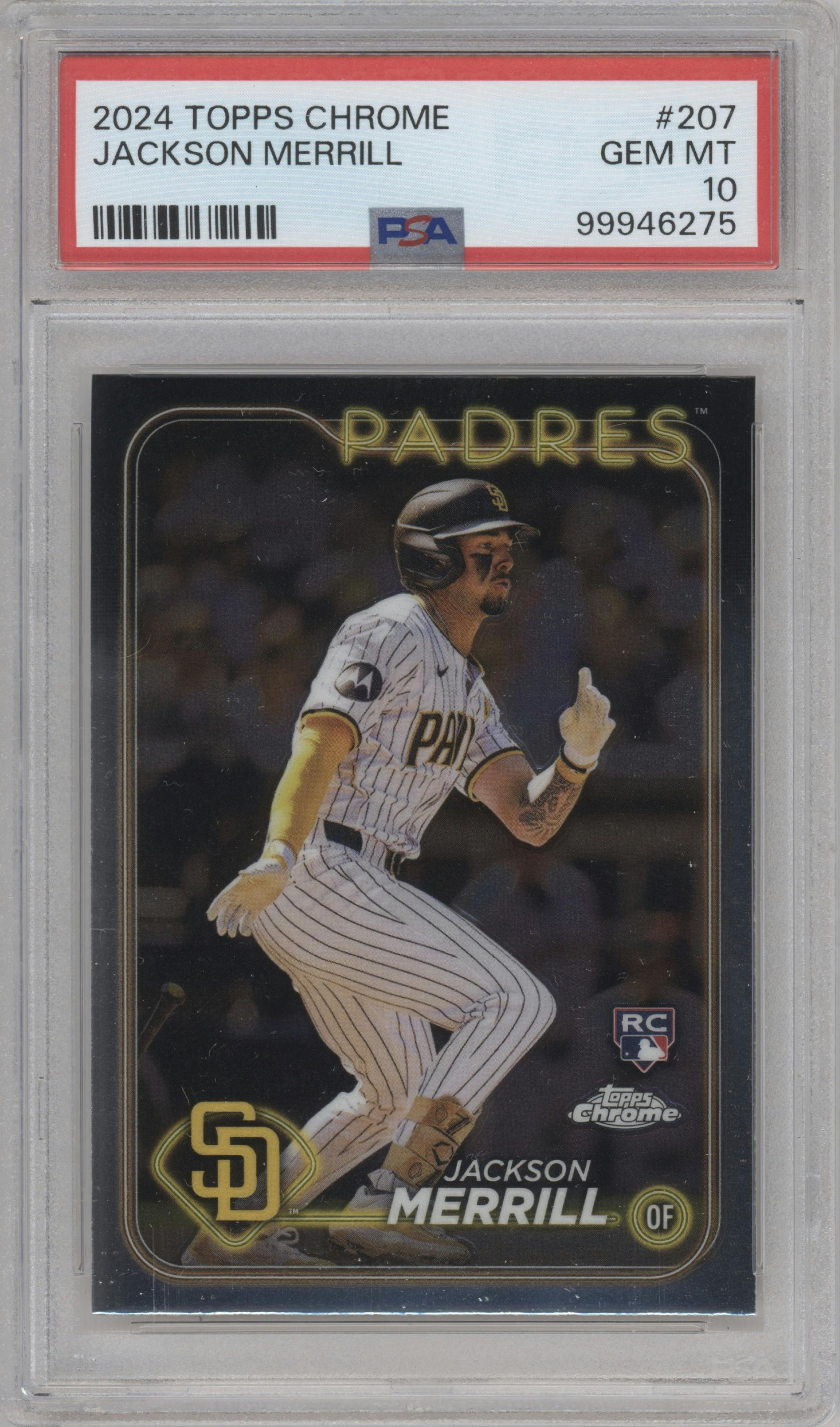 Jackson Merrill from the 2024 Topps Chrome set graded by PSA and given an overall grade of 10.