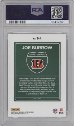 Joe Burrow from the 2023 Donruss Optic set graded by PSA and given an overall grade of 10.