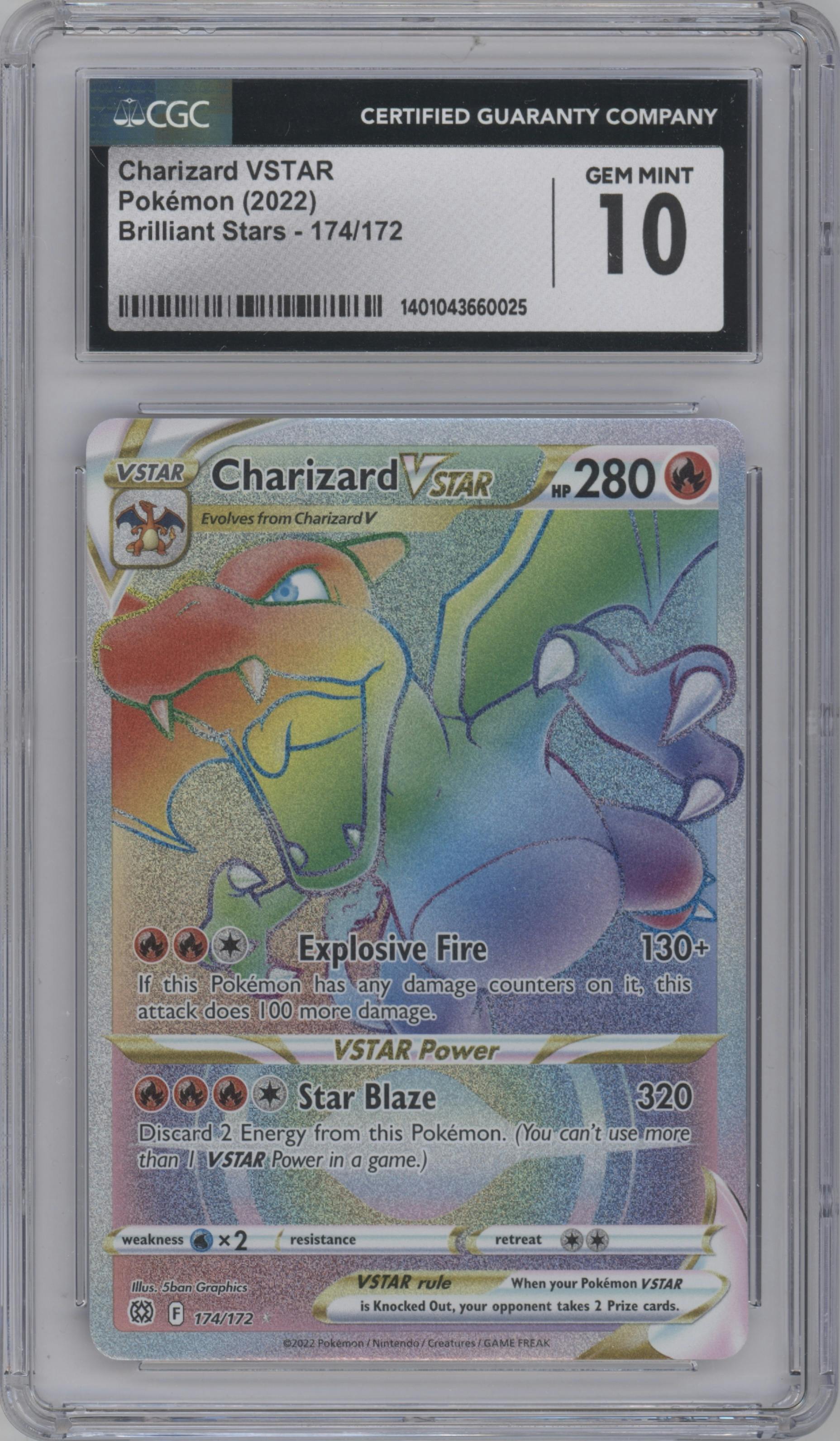 Charizard VSTAR from the 2022 Pokemon SWSH set graded by CSG and given an overall grade of 10.