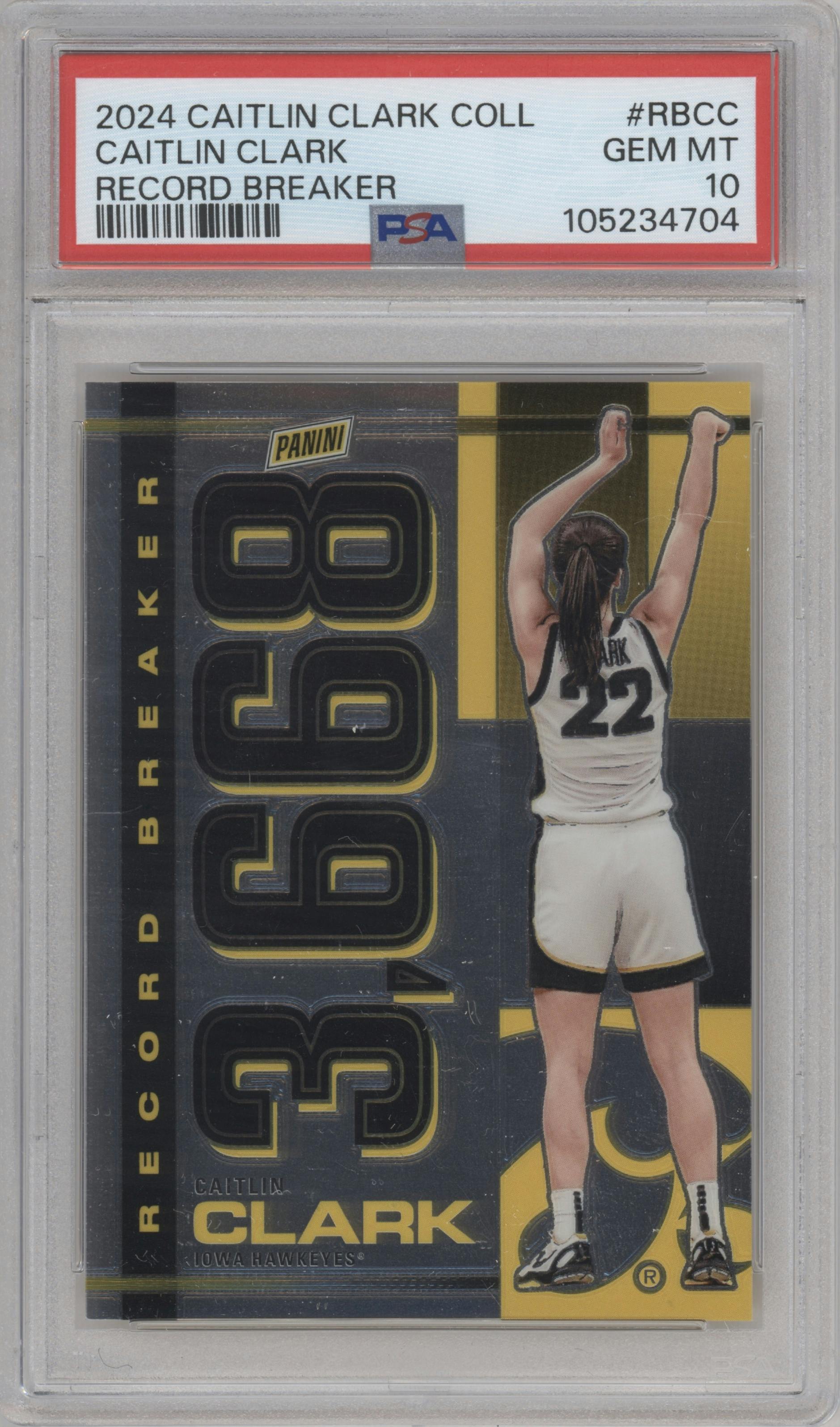 Caitlin Clark from the 2024 Panini Caitlin Clark Collection set graded by PSA and given an overall grade of 10.