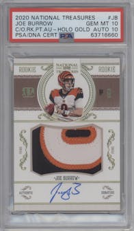 Joe Burrow from the 2020 Panini National Treasures set featuring a Holo Gold parallel graded by PSA and given an overall grade of 10.
