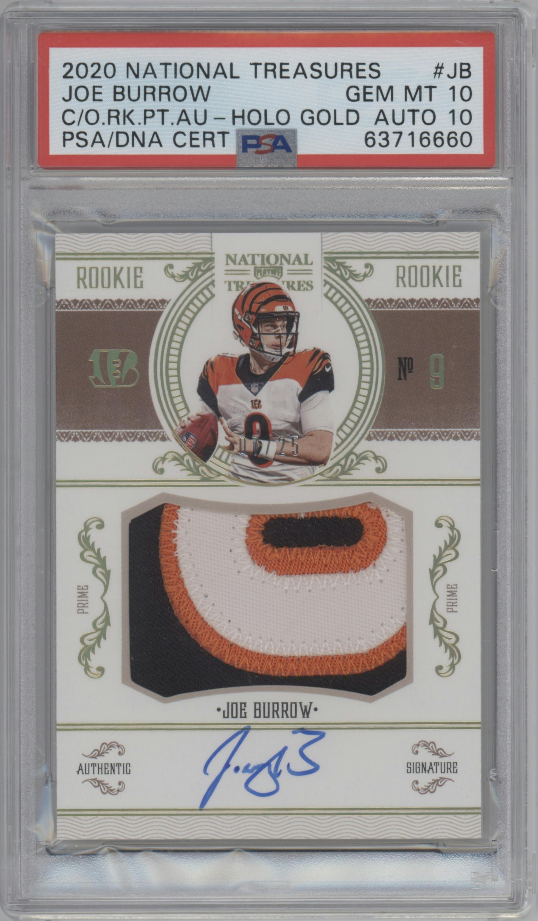 Joe Burrow from the 2020 Panini National Treasures set featuring a Holo Gold parallel graded by PSA and given an overall grade of 10.
