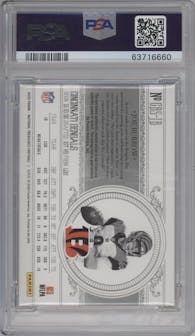 Joe Burrow from the 2020 Panini National Treasures set featuring a Holo Gold parallel graded by PSA and given an overall grade of 10.